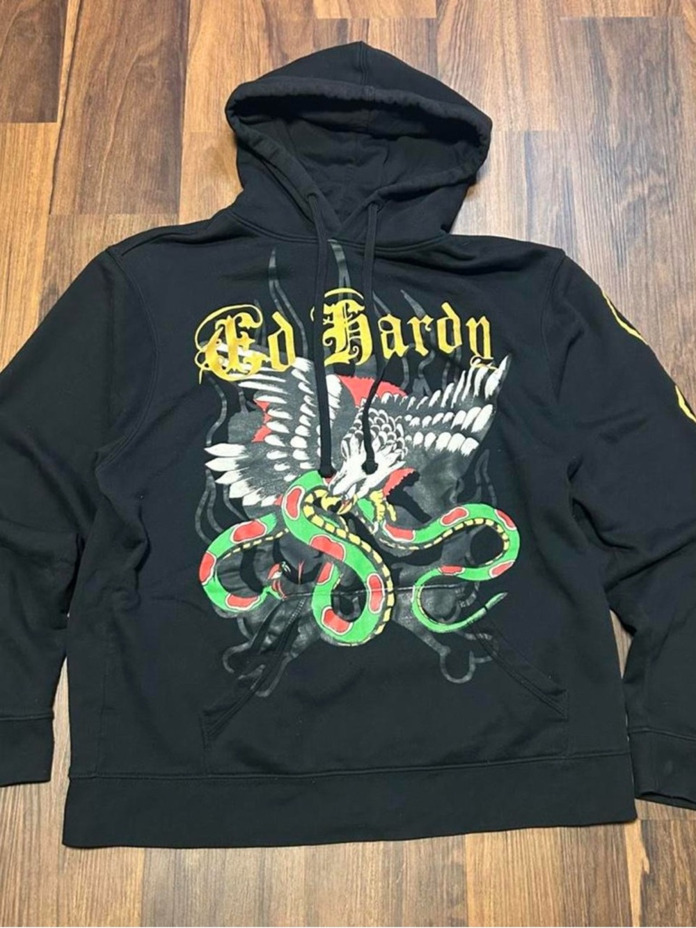Y2K Ed Hardy Men’s Black Graphic Hoodie with Eagle & Snake Print